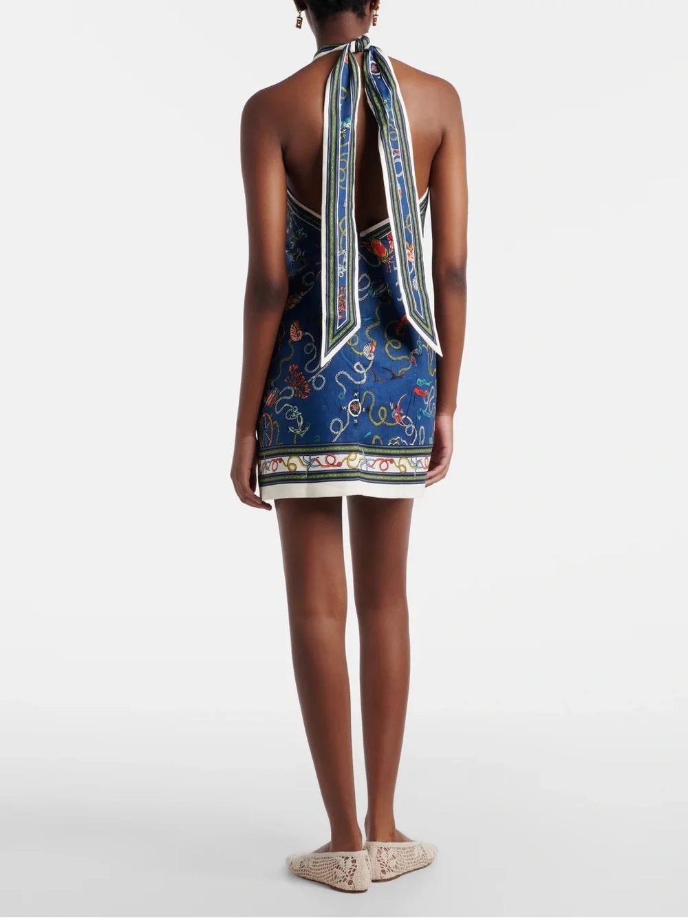 Alemais Blue Nautical Halter Mini Dress with Multicolor Marine Print